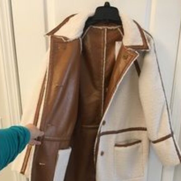 2 in 1 Reversible Coat: Brown Leather and Off-White Sherpa / Teddy - Picture 11 of 13